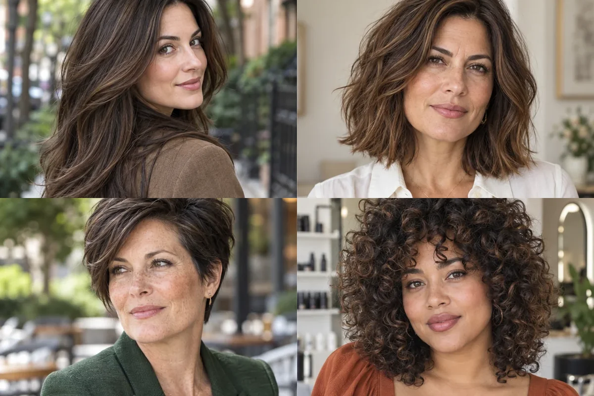 Collage of four women wearing flattering hairstyles for thick hair