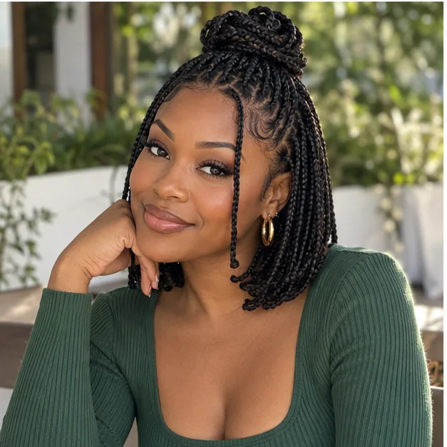 Black woman wearing knotless bob braids half up