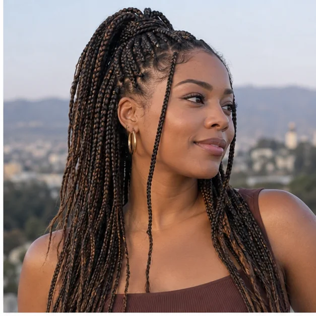 Black woman wearing knotless braids in a loose half-up style