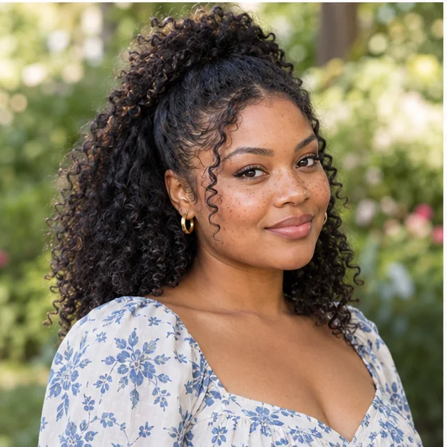 Black woman with half-up defined natural curls and crown lift