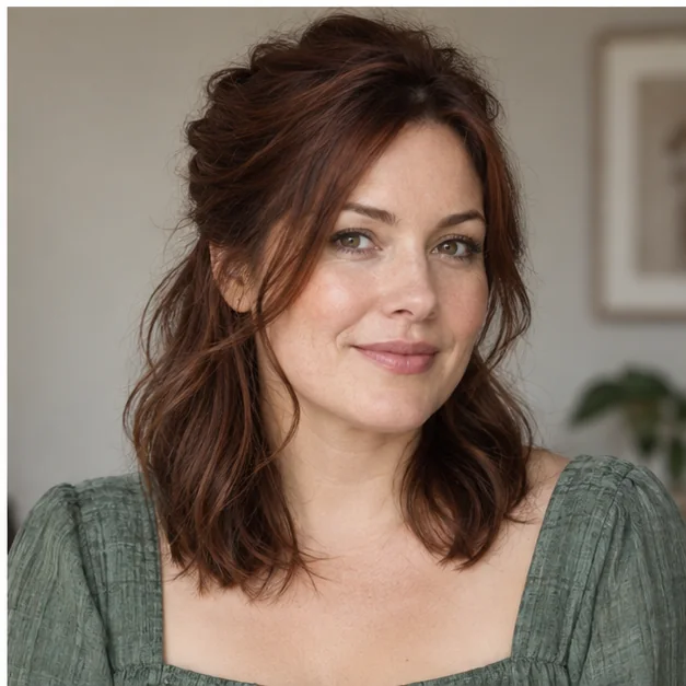 Woman with fine hair in a softly lifted half-up twist