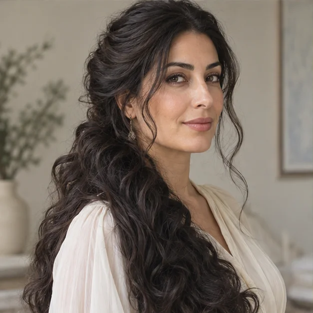 Woman with long thick wavy hair wearing a romantic half-up twist