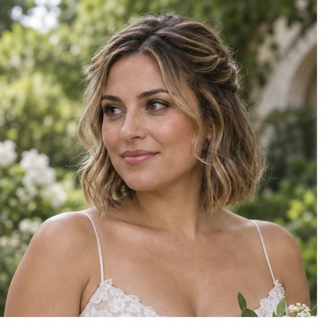 Bride with a half-up twist on a shoulder-length bob