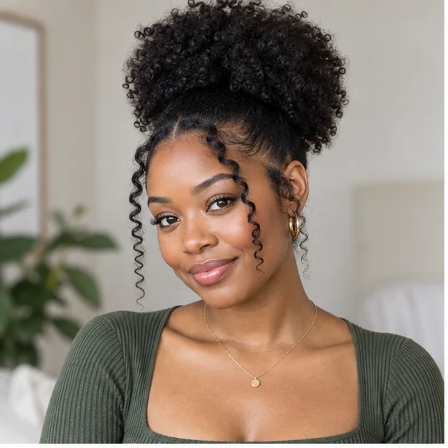 Black woman with a high natural puff and face-framing coils