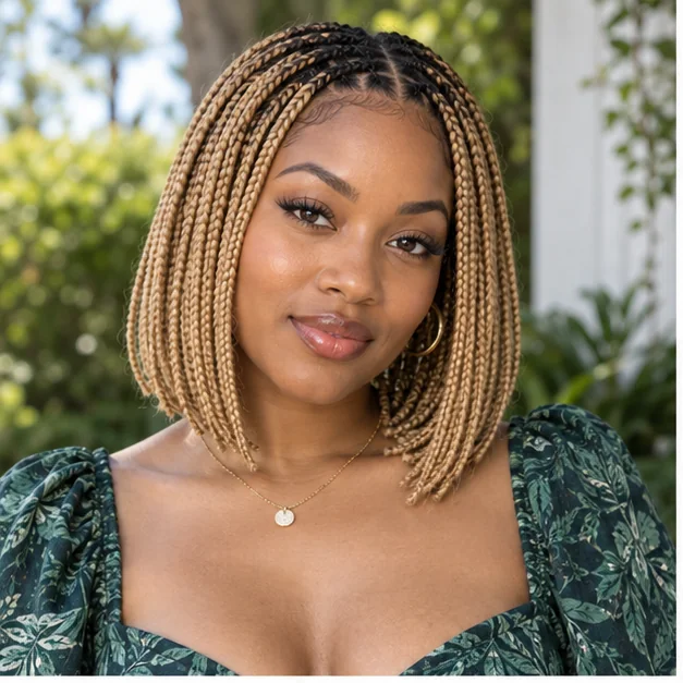 Black woman with honey-blonde knotless bob braids