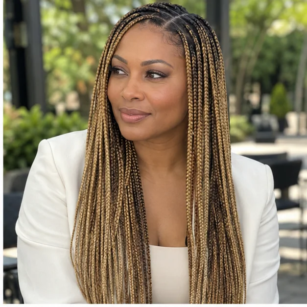 Black woman with honey-blonde knotless braids