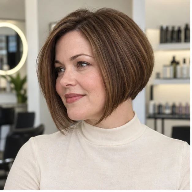 Woman with inverted bob and long front for thick hair