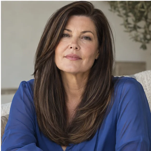 Woman with smooth long brunette hair shaped by subtle ghost layers