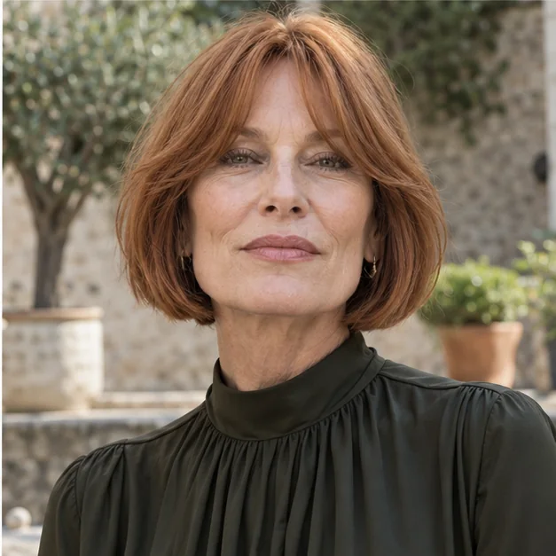 Woman with a long face wearing jaw-length bob with curtain fringe
