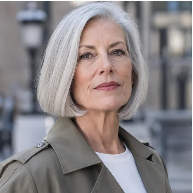 Woman over 60 with a sleek jaw-length silver blunt bob