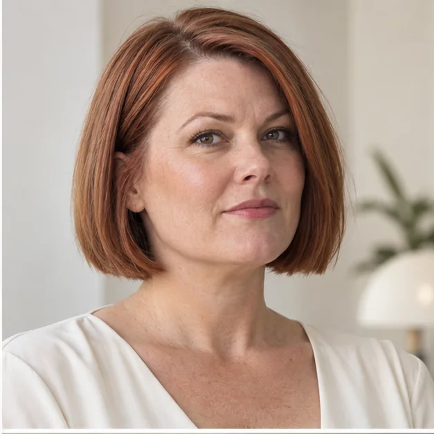 Woman with a sharp jaw-length box bob for thin hair