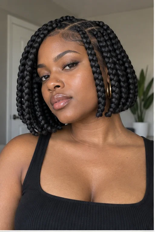 Black woman with jumbo jaw-length knotless bob braids
