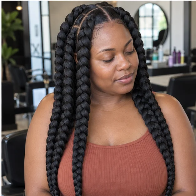 Black woman wearing jumbo knotless braids