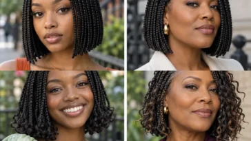 Collage of four Black women wearing distinct knotless bob braid styles