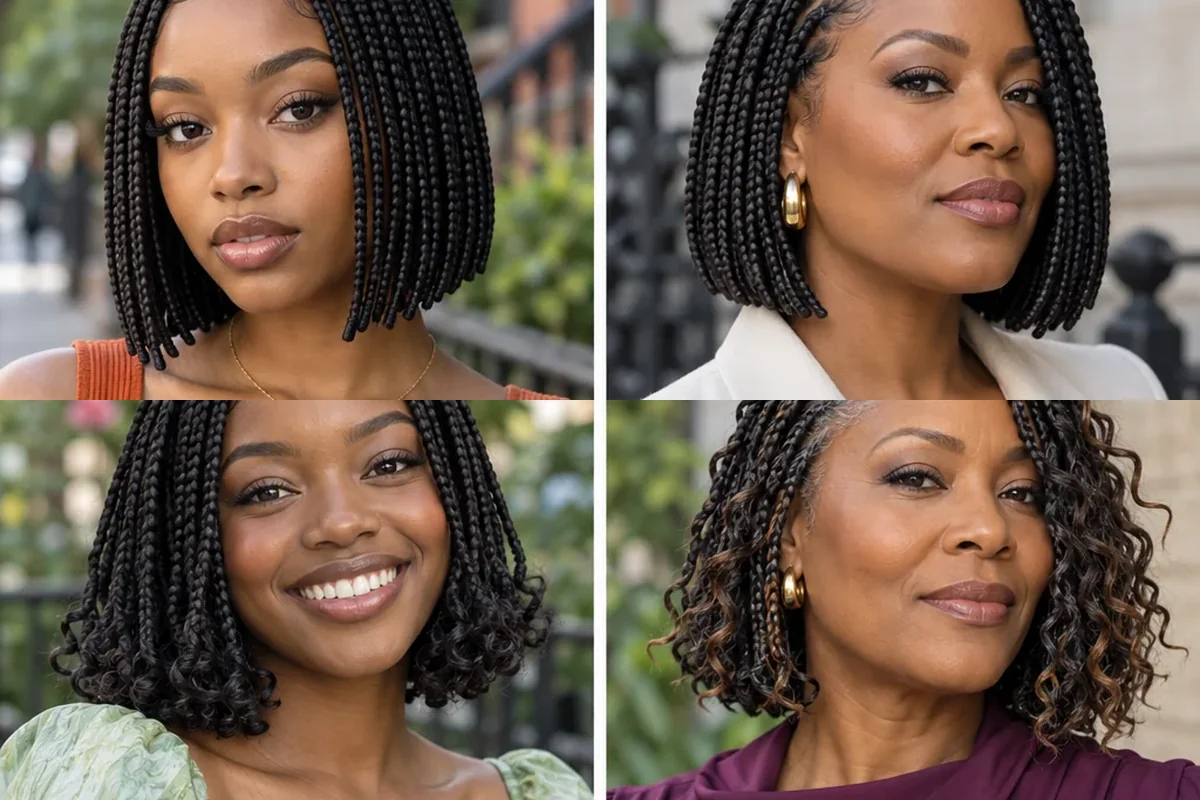 Collage of four Black women wearing distinct knotless bob braid styles