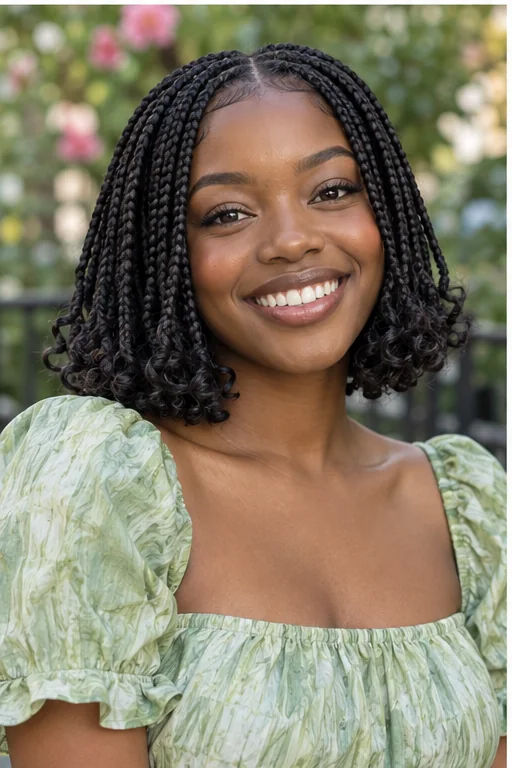 Black woman with knotless bob braids and curled ends