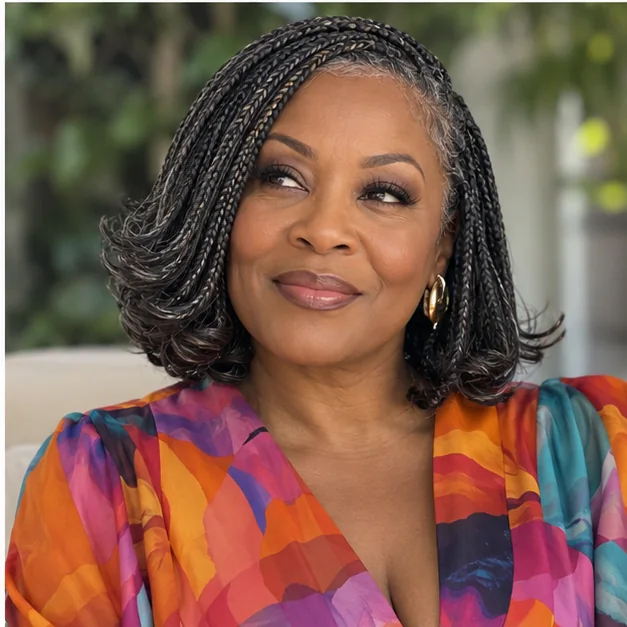 Mature Black woman with knotless bob braids and flipped tips