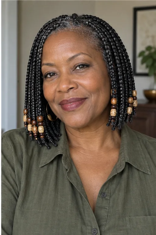 Older Black woman with knotless bob braids and wooden beads