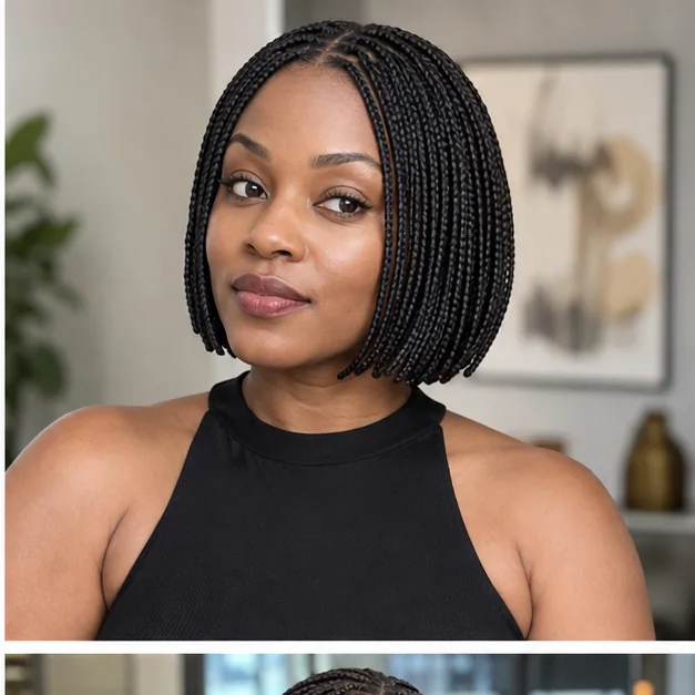 Black woman with a chin-length knotless braided bob