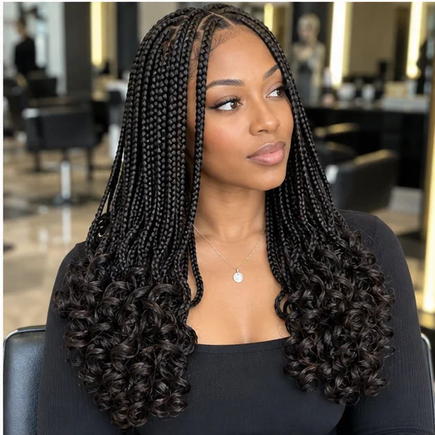 Black woman with knotless braids and softly curled ends