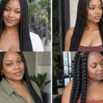 Collage of four Black women wearing distinct knotless braid styles