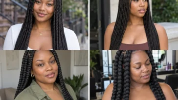 Collage of four Black women wearing distinct knotless braid styles