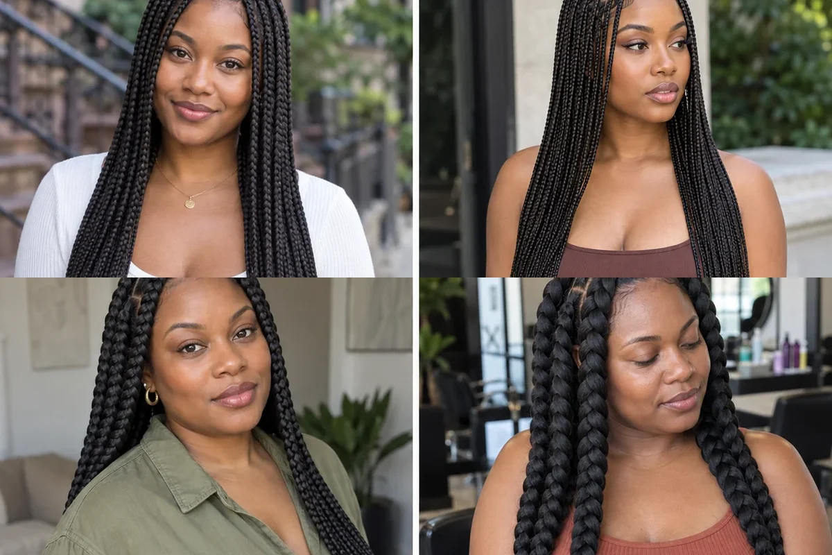 Collage of four Black women wearing distinct knotless braid styles