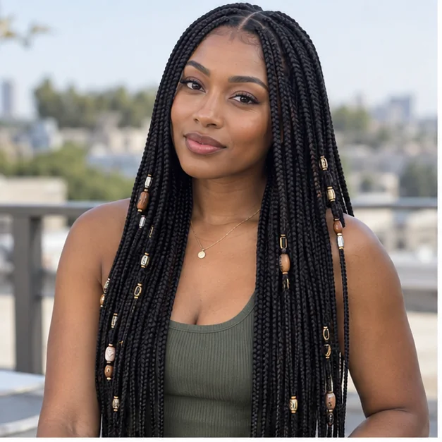 Black woman with knotless braids decorated with wooden beads