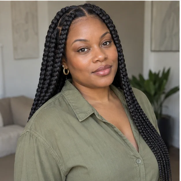 Black woman with large knotless braids and square parts
