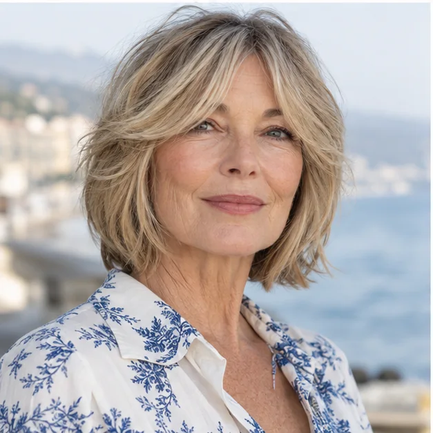Woman over 50 with a layered bob and curtain bangs