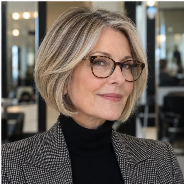 Woman over 50 wearing glasses with a softly layered bob
