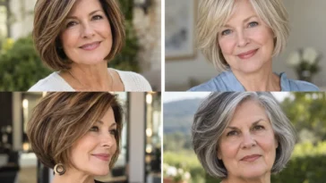 Collage of four women over 50 wearing distinct layered bob haircuts