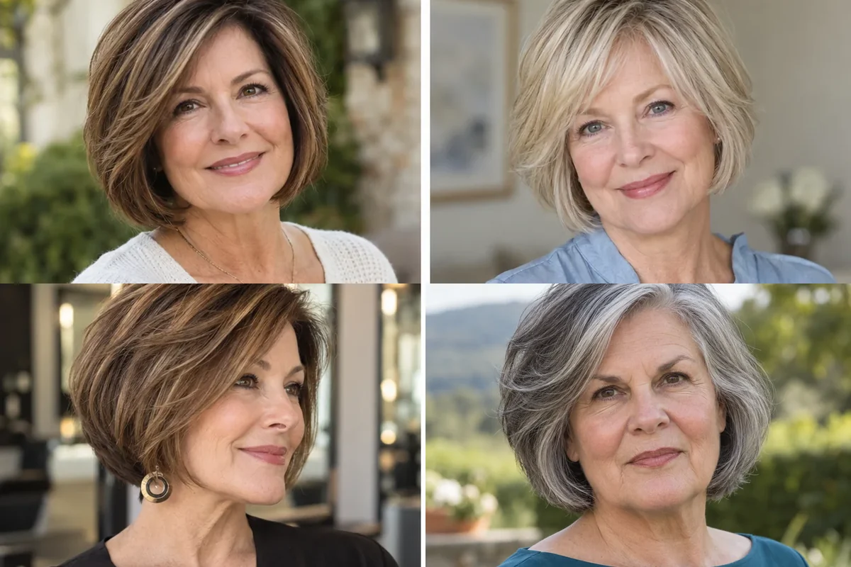 Collage of four women over 50 wearing distinct layered bob haircuts