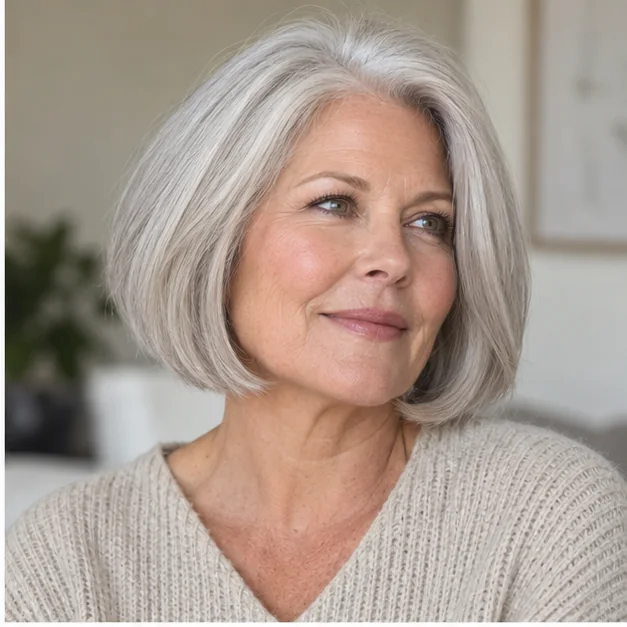 Woman over 50 with a layered bob for thick hair
