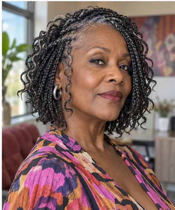Mature Black woman with layered boho knotless bob braids