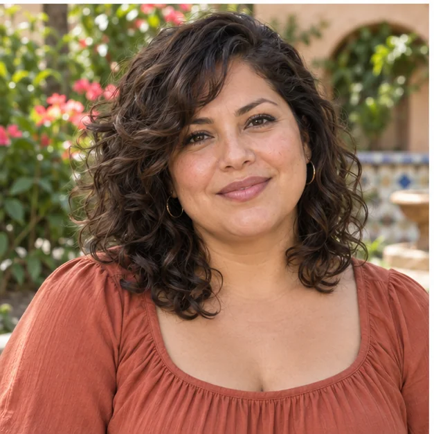 Woman with layered shoulder curls and side swept fringe