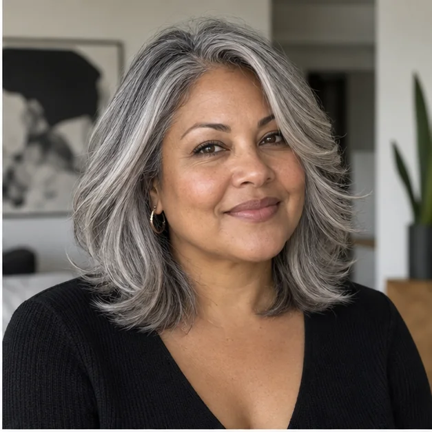 Woman with a layered silver lob at the collarbone