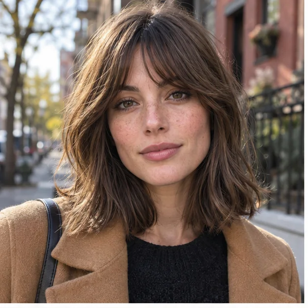 Woman with a long bob and bottleneck bangs
