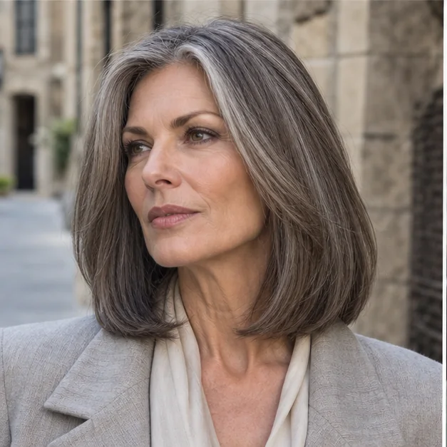 Woman over 50 wearing a long bob with hidden layers