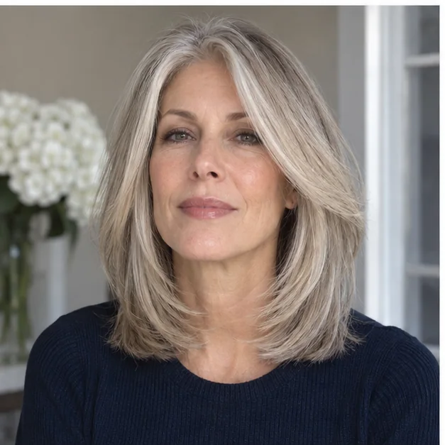 Woman with a long face and thin hair wearing a cheek volume modern Rachel