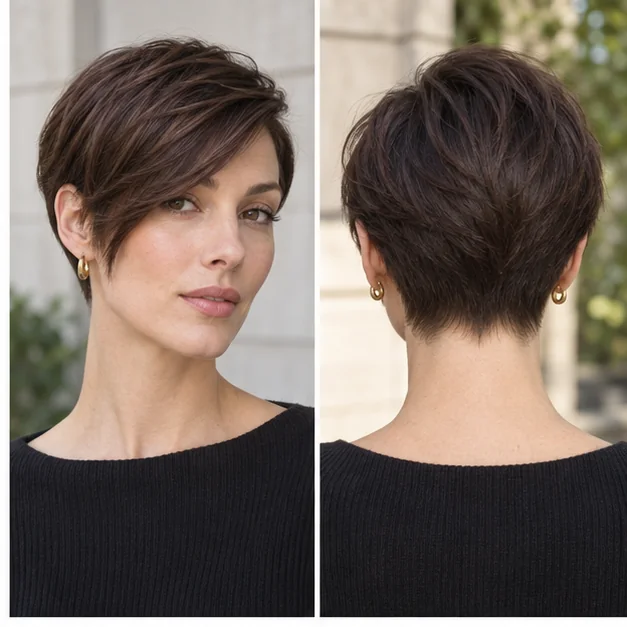 Same woman shown from front and back wearing a pixie with long side fringe and close nape