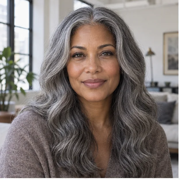 Woman with long center-parted gray waves