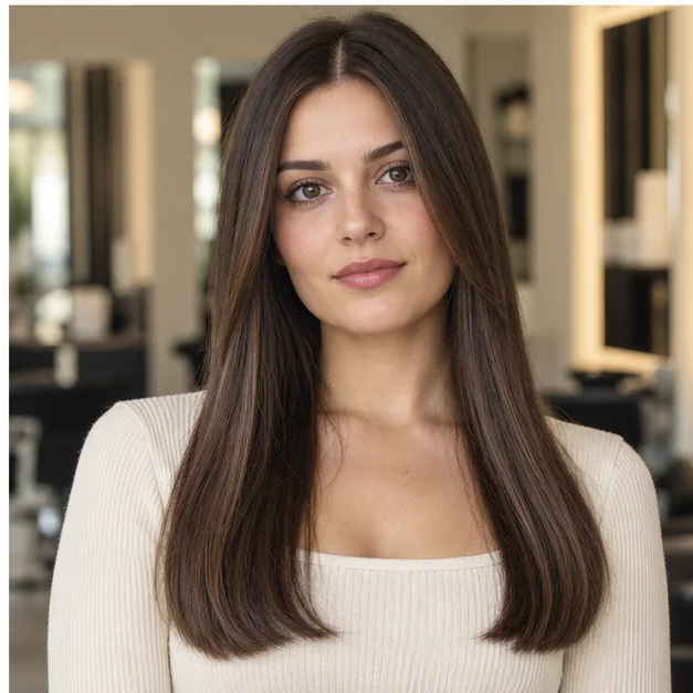 Woman with long fine hair and restrained face-framing pieces