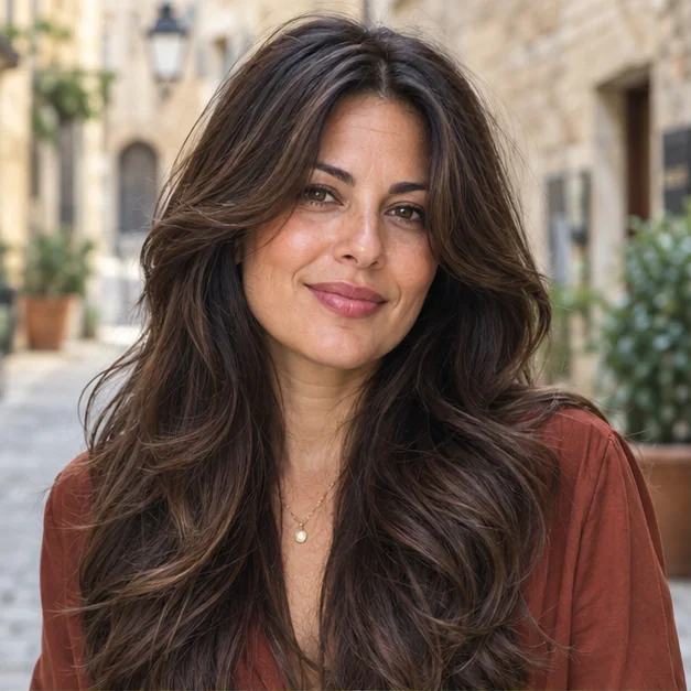 Woman with long thick brunette hair wearing curtain bangs and flowing layers