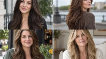 Collage of four women wearing distinct long layered haircuts