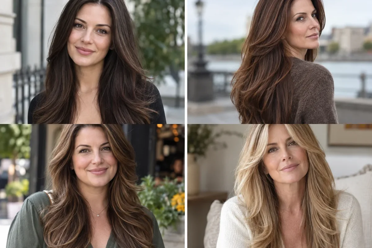 Collage of four women wearing distinct long layered haircuts