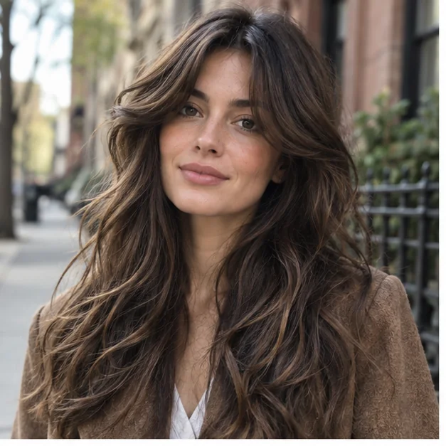 Woman with long layered hair and soft curtain bangs