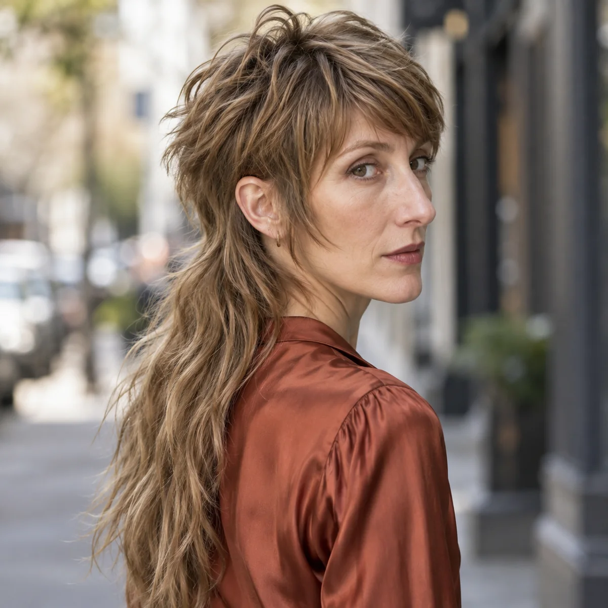 Woman with a long modern mullet and below-shoulder back length