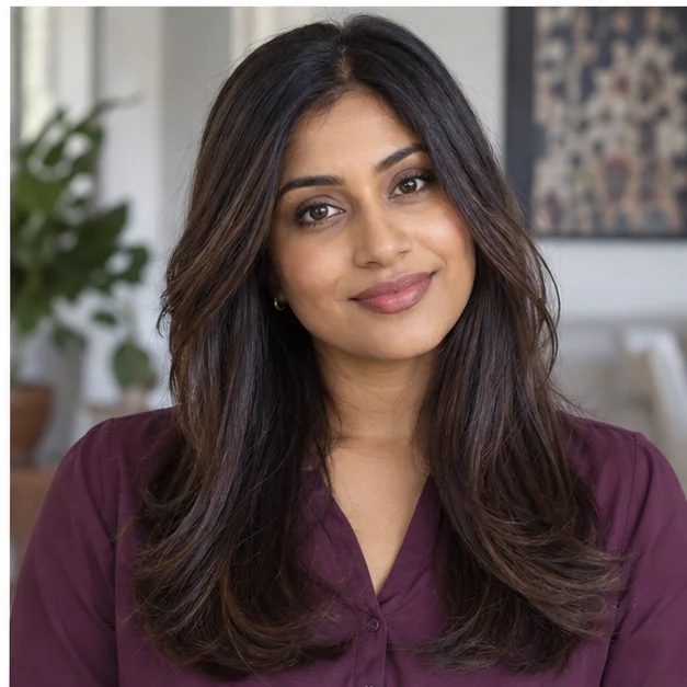 Woman with long thin hair and density saving modern Rachel layers