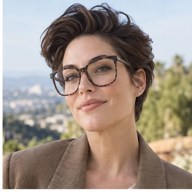 Woman with oversized glasses and a voluminous long brunette pixie